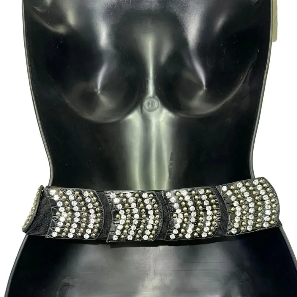 Black Croc Embossed Stretch Belt Rhinestone Buckle Statement Waist Belt OS